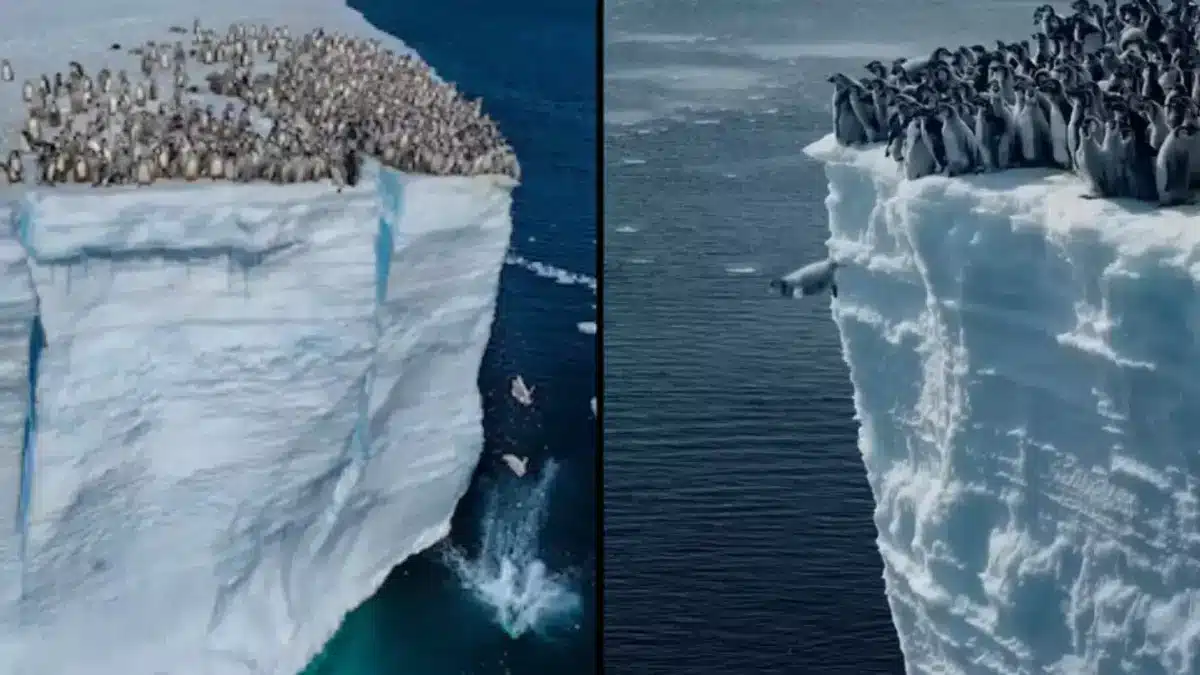 O triste motivo pelo qual filhotes de pinguim-imperador estão pulando de um penhasco de 15 metros em imagens recordes