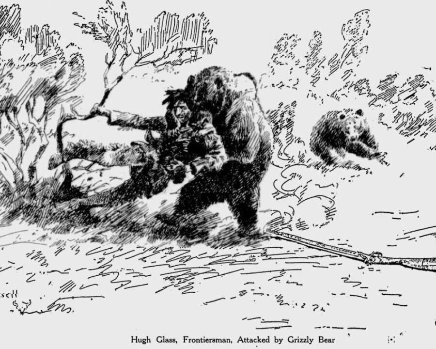 Uma ilustração de Hugh Glass sendo atacado por um urso pardo de um jornal de 1922.