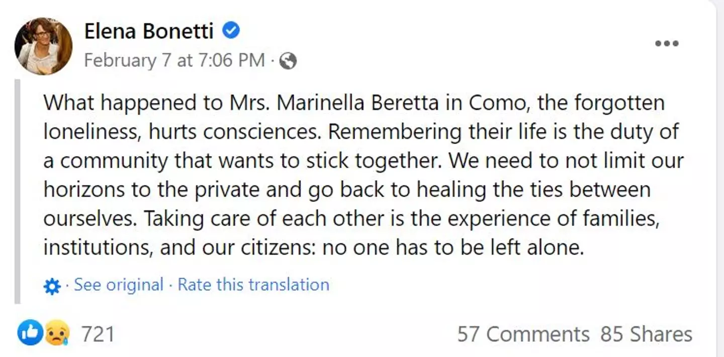 Elena Bonetti homenageia Marinella Beretta (Elena Bonetti/Facebook)