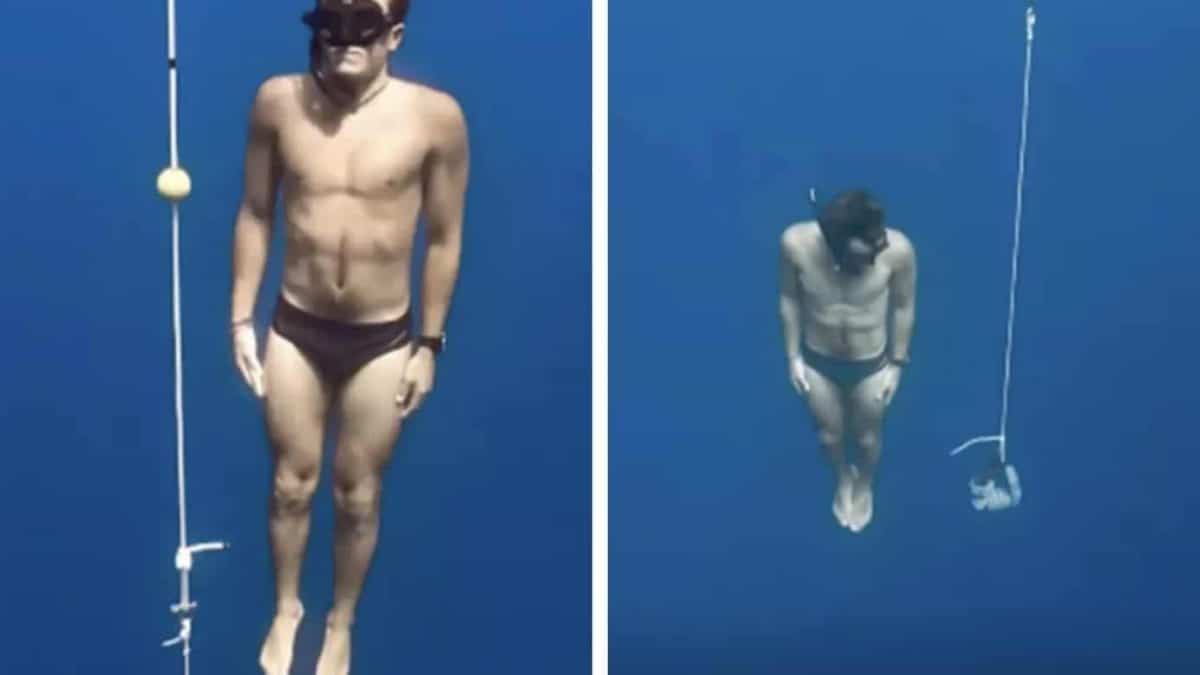 Homem mergulha 20 metros abaixo da superfície do oceano para provar teoria de afundamento e deixa as pessoas aterrorizadas.