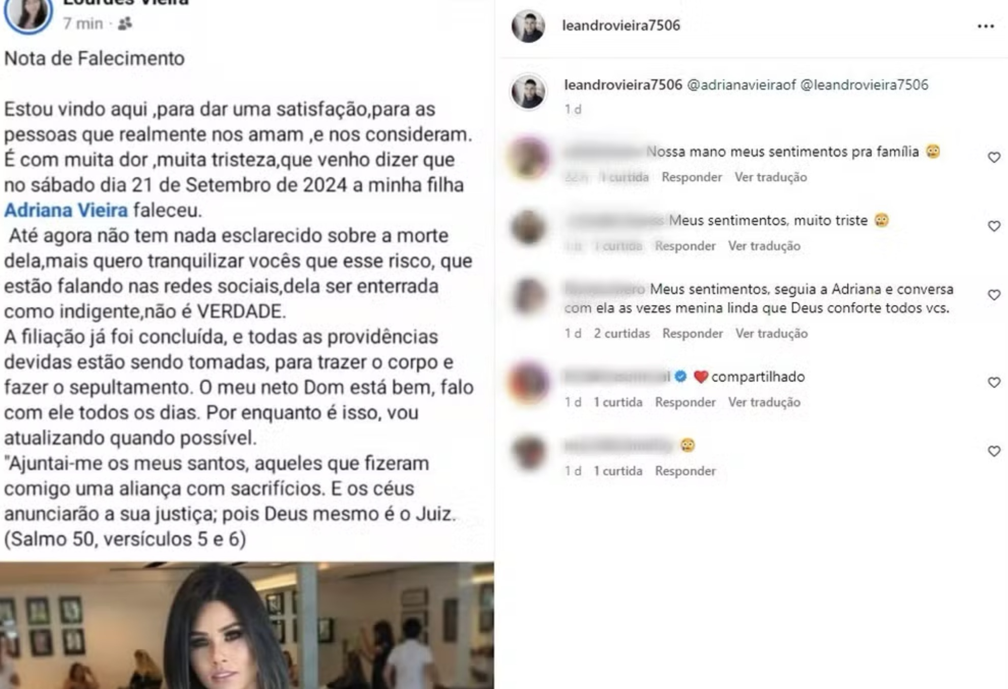 Comunicado da família sobre morte da modelo Adriana Vieira — Foto: Reprodução/Instagram