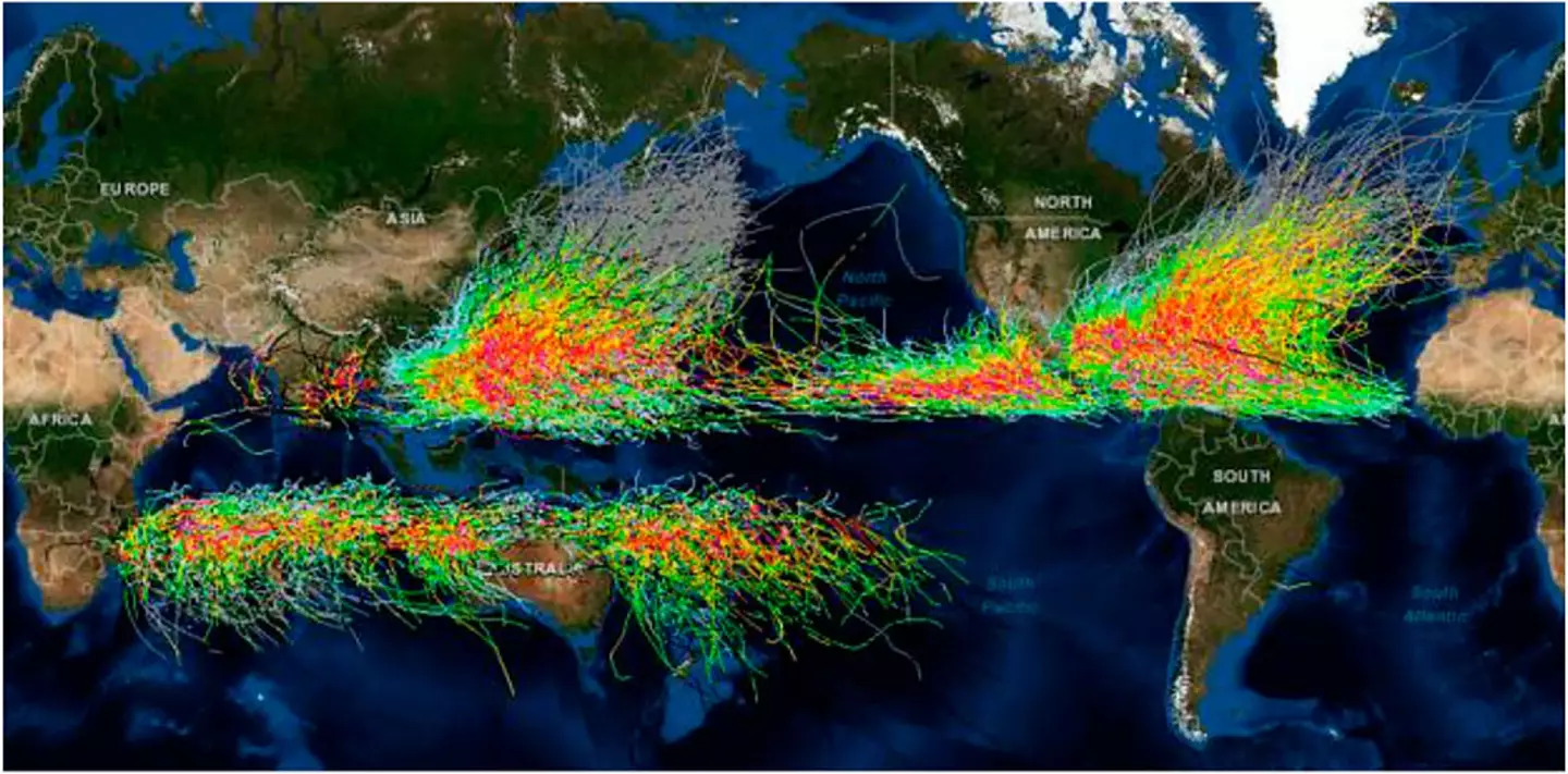 Pistas globais de tempestades tropicais de 1848 a 2013 (NOAA Digital GeoZone)