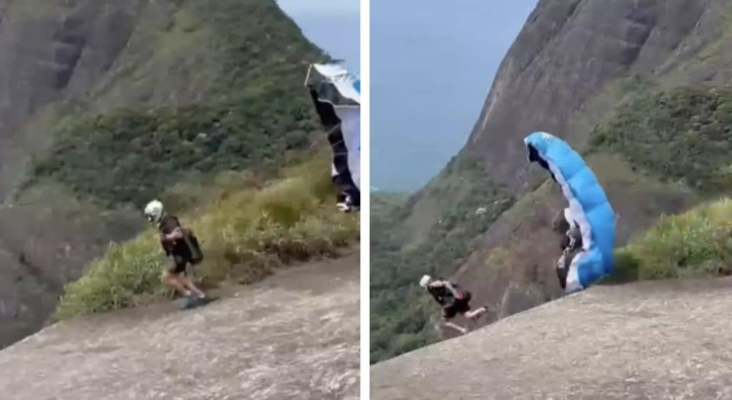 Filmagem chocante captura o momento em que um instrutor de paraquedismo salta de um penhasco antes de cair para a morte