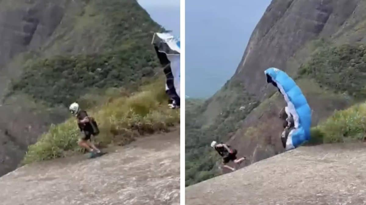 Filmagem chocante captura o momento em que um instrutor de paraquedismo salta de um penhasco antes de cair para a morte