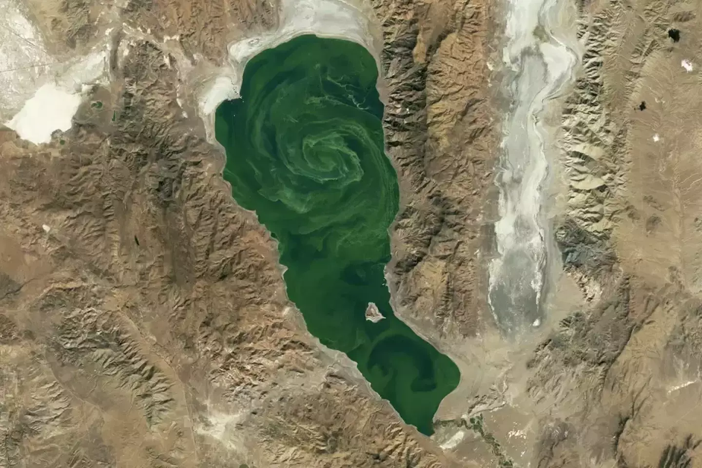 O Pyramid Lake pode ser visto praticamente em uma cor verde do espaço (Observatório da Terra da NASA, Serviço Geológico dos Estados Unidos).