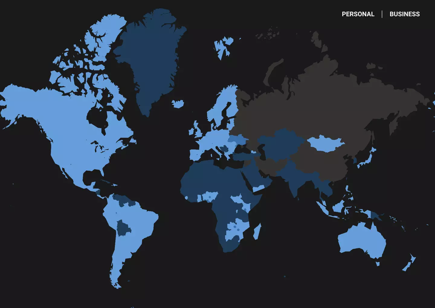 Os países em azul-claro têm acesso ao Starlink, enquanto os em azul-escuro indicam que o serviço será lançado em breve, e os em marrom significam que o serviço ainda não está disponível (Starlink/SpaceX).