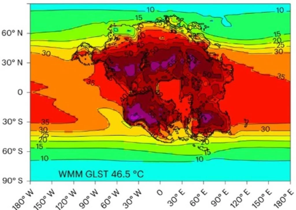 Pangeia Última, o novo supercontinente que poderá se formar dentro de milhões de anos, com suas temperaturas médias mensais (cores). Crédito: Farnsworth, A. et al. (2023).