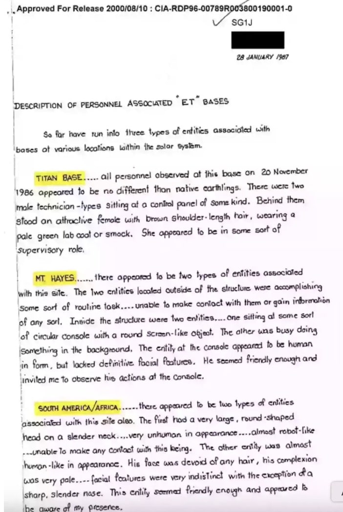 Documentos secretos da CIA que vieram à tona revelam detalhes de "duas supostas bases alienígenas" escondidas na Terra Os experimentos eram conhecidos como visualização remota (CIA)