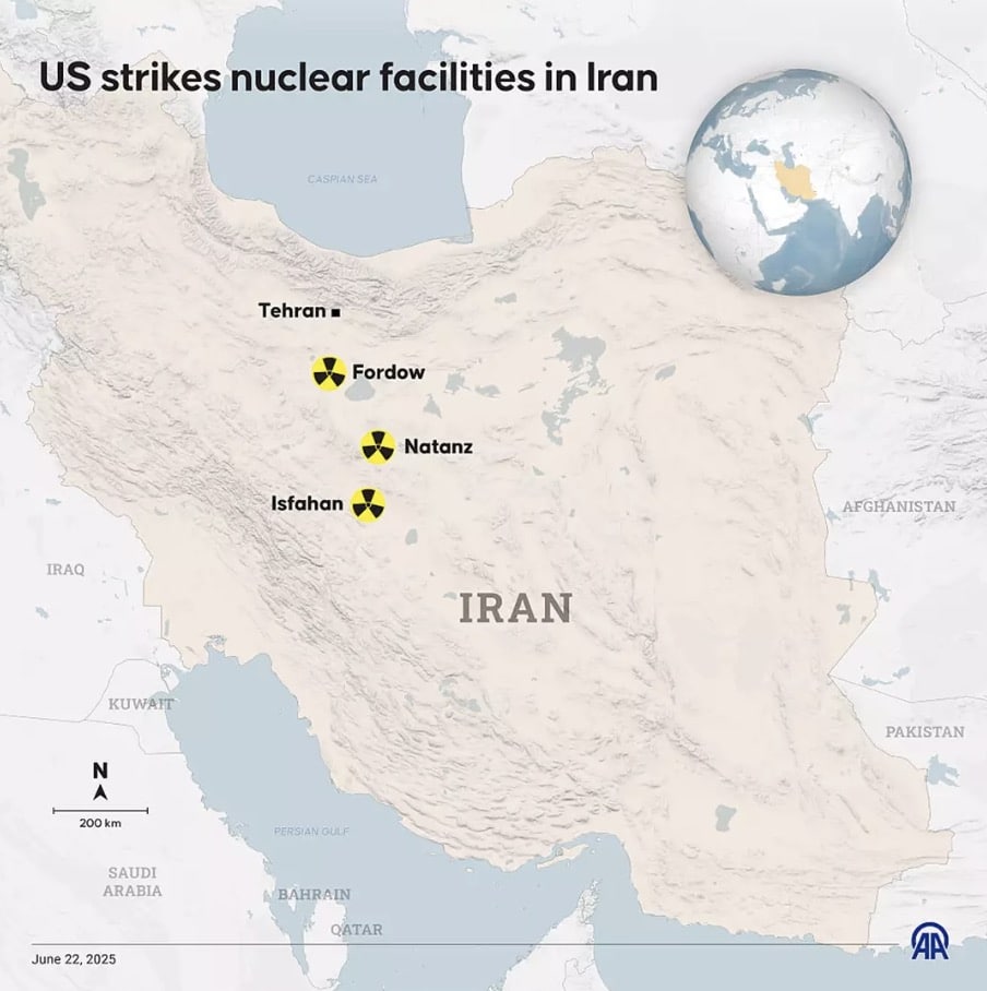 Trump divulga mensagem contundente enquanto o Irã alerta sobre "consequências eternas" após ataques dos EUA A localização dos três principais locais nucleares no Irã que os EUA bombardearam