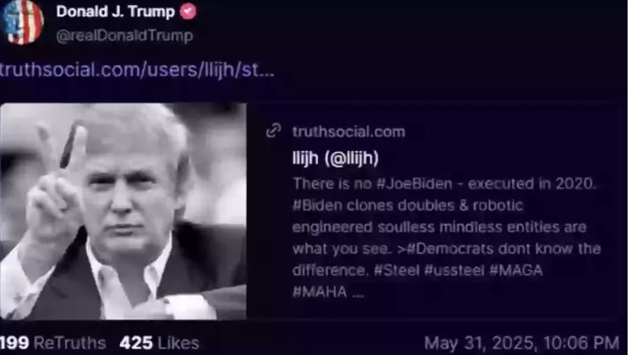 Donald Trump compartilha teoria da conspiração absurda de que Joe Biden foi 'executado' e substituído por um clone A republicação de Trump no Truth Social rapidamente viralizou no X (antigo Twitter).