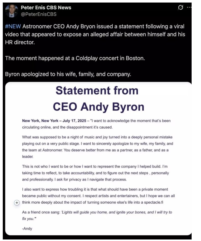 A verdade por trás da declaração viral depois que um CEO casado foi flagrado com funcionária no telão do Coldplay A declaração atribuída a Byron surgiu no X (X/@petereniscbs)