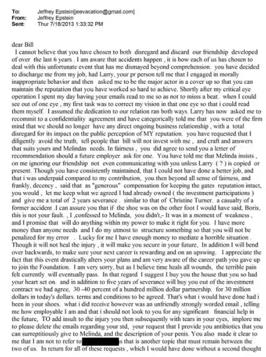 Bill Gates se pronuncia após arquivos de Epstein alegarem que ele teria contraído uma DST de garotas russas e tentado dar antibióticos escondidos à esposa Epstein fez diversas alegações ousadas contra Gates em um e-mail (Departamento de Justiça).