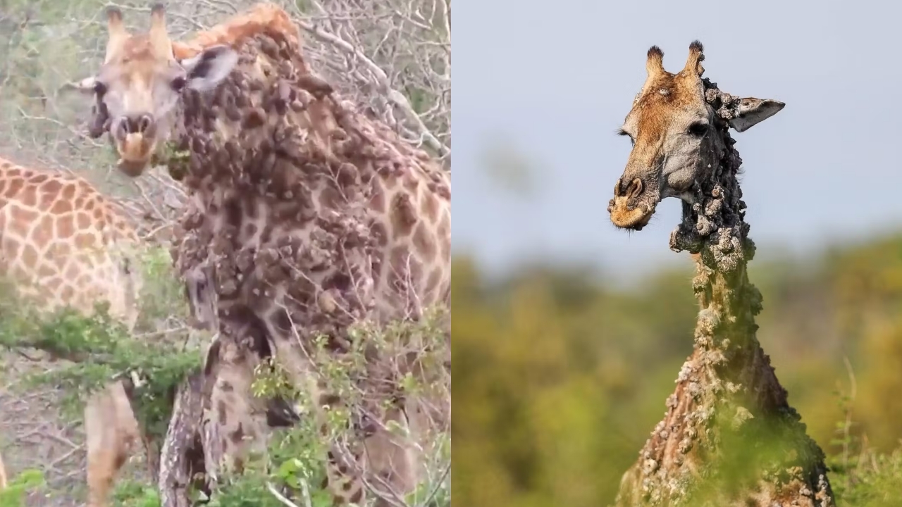 Vídeo impressionante mostra uma girafa com centenas de protuberâncias na pele após contrair um papilomavírus transmitido por aves.