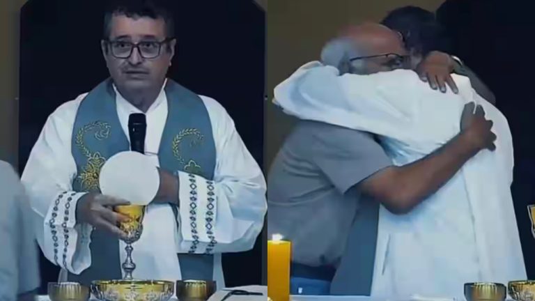 VÍDEO | Sacerdote interrompeu a missa, desceu do altar e abraçou um avô devastado que acabara de receber a notícia da morte do neto